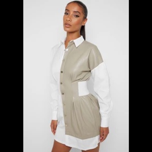 *Like New* MANIÈRE DE VOIR Half Vegan Leather Shirt Dress | White - Picture 3 of 5